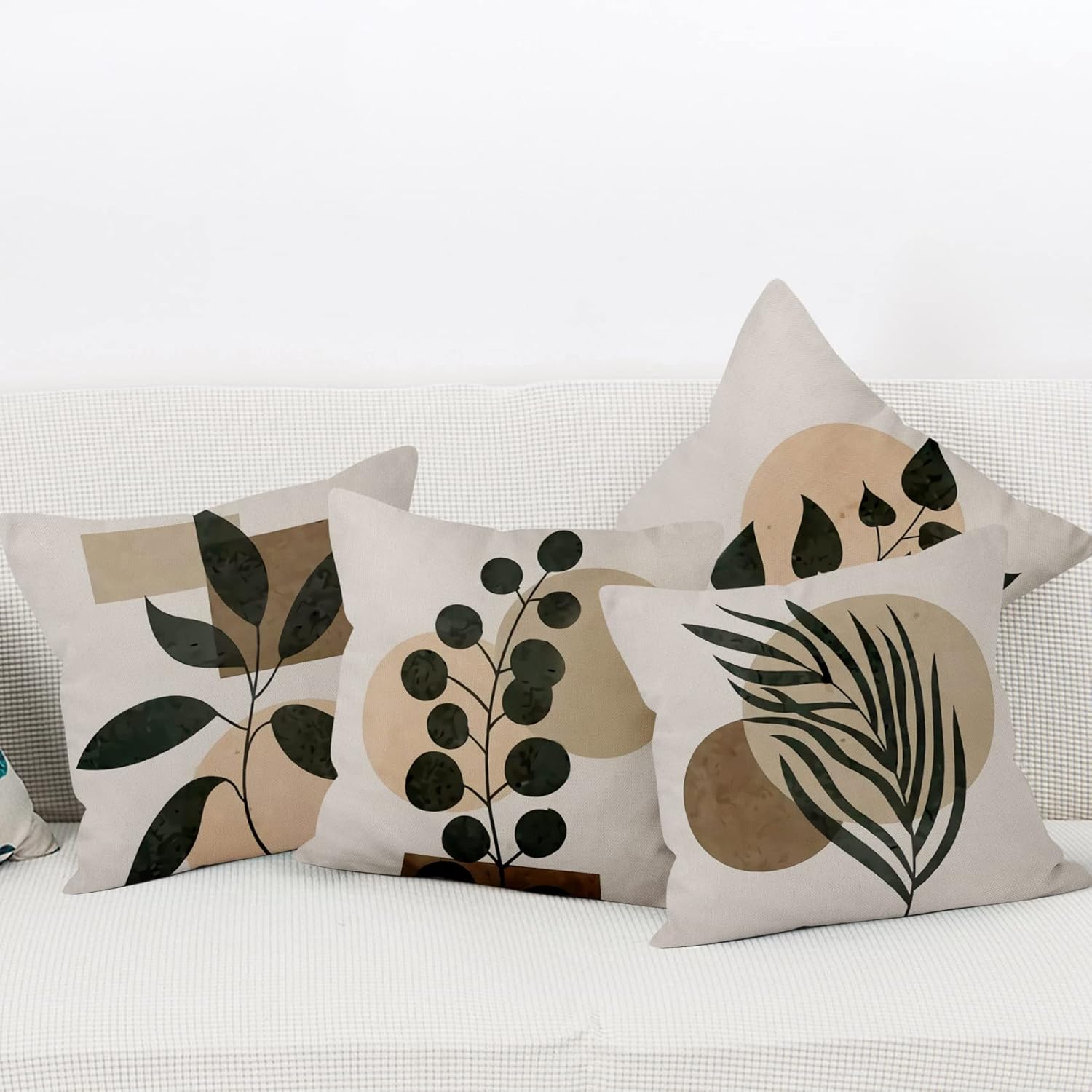 Yeele 22x22inches Abstract Leaves Geometry Throw Pillow Cover Boho Modern Decorative Pillow Case Set of 4 Linen Fabric Square Cushion Case for Sofa Couch Chair Bed Car Outdoor Indoor Home Decors