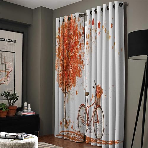 Miniatura 2 de FortuneHouse Blackout Curtains Thermal Insulated Autumn red Maple Leaves and Bicycle Solid Pattern Metal Grommet Elegant Room Drapes Window Curtain