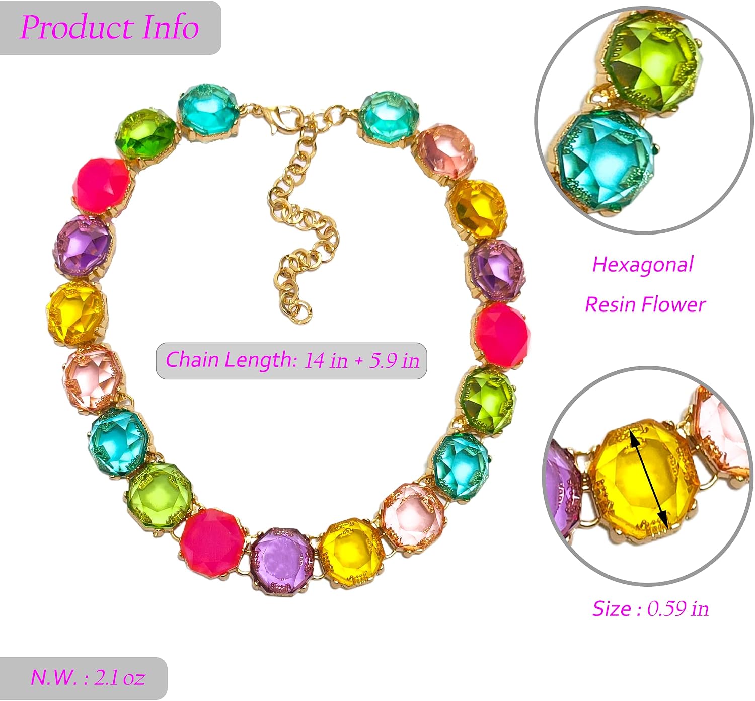 Chunky Rainbow Rhinestone Collar Necklace for Women, Vibrant Multicolor Big Gems with Gold Chain Adjustable, Sparkling Fashion Party Costume Jewelry for Prom & Holiday Gift