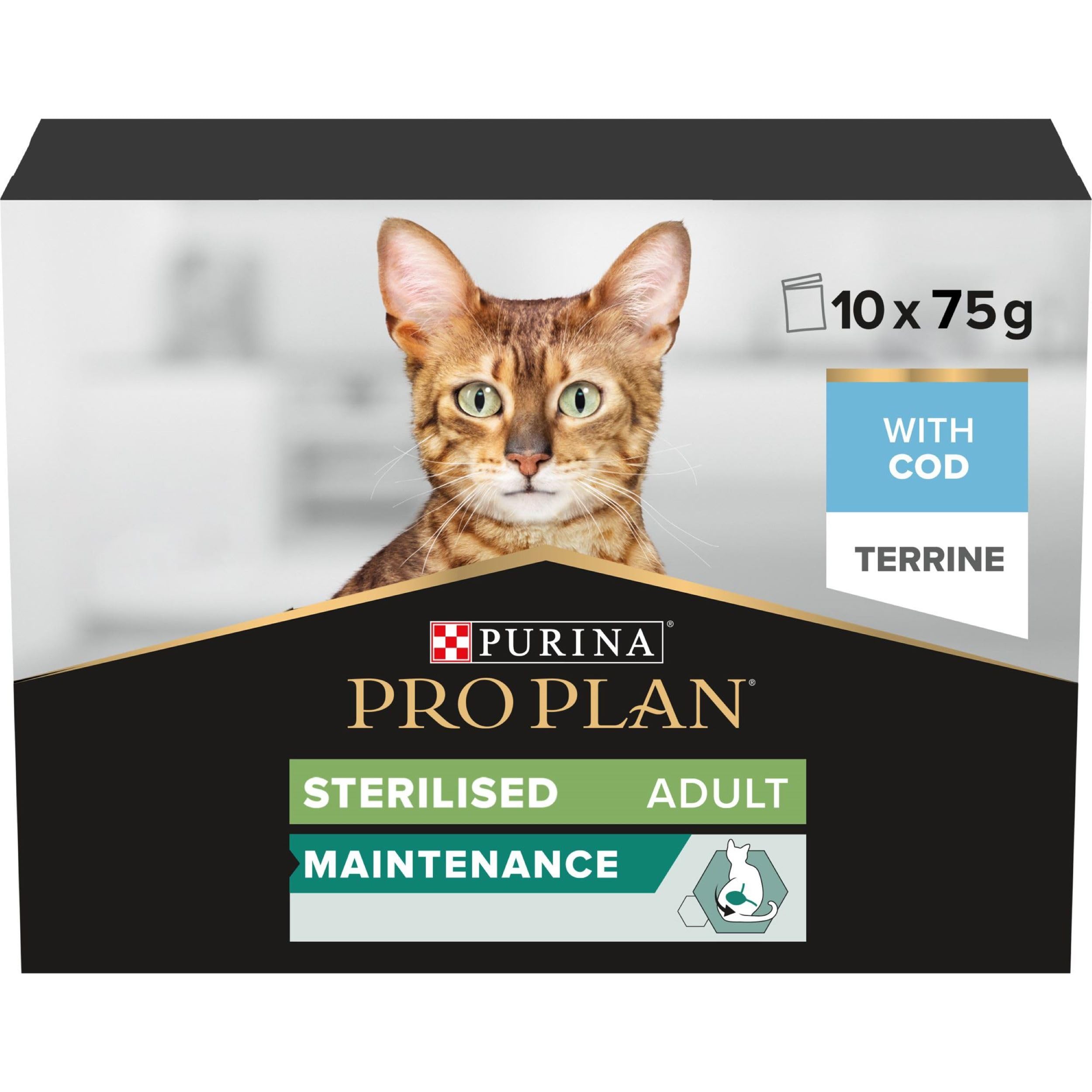 PRO PLAN® Adult 1+ STERILISED MAINTENANCE Terrine with Cod Wet Cat Food Pouches 10x75g, Pack of 4 — image 1