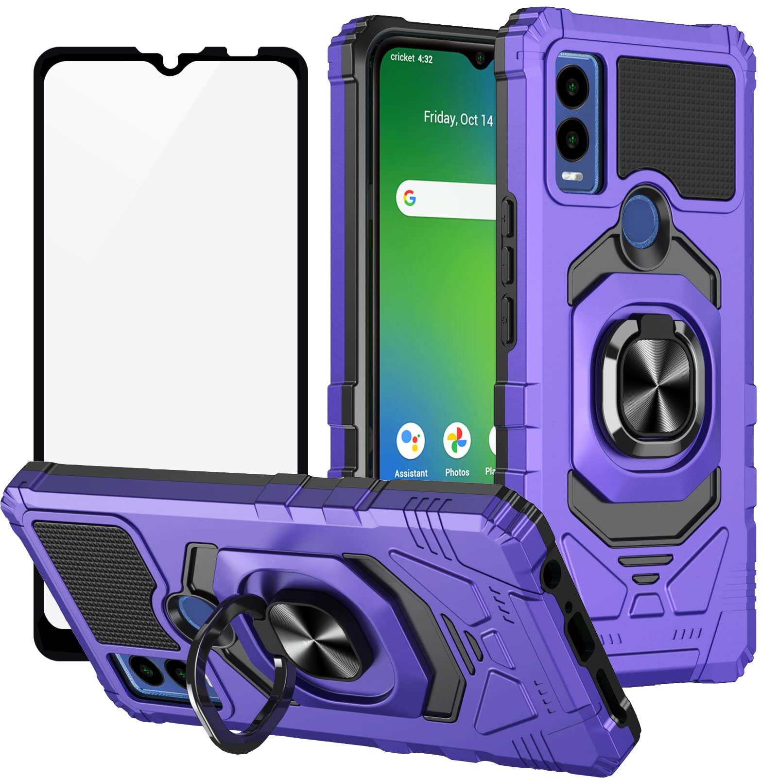 Ailiber Case for Cricket Innovate E 5G, Military Grade Drop Tested, 360 Degree Metal Rotating Ring Holder, Tempered Glass Full Screen Protector, Purple