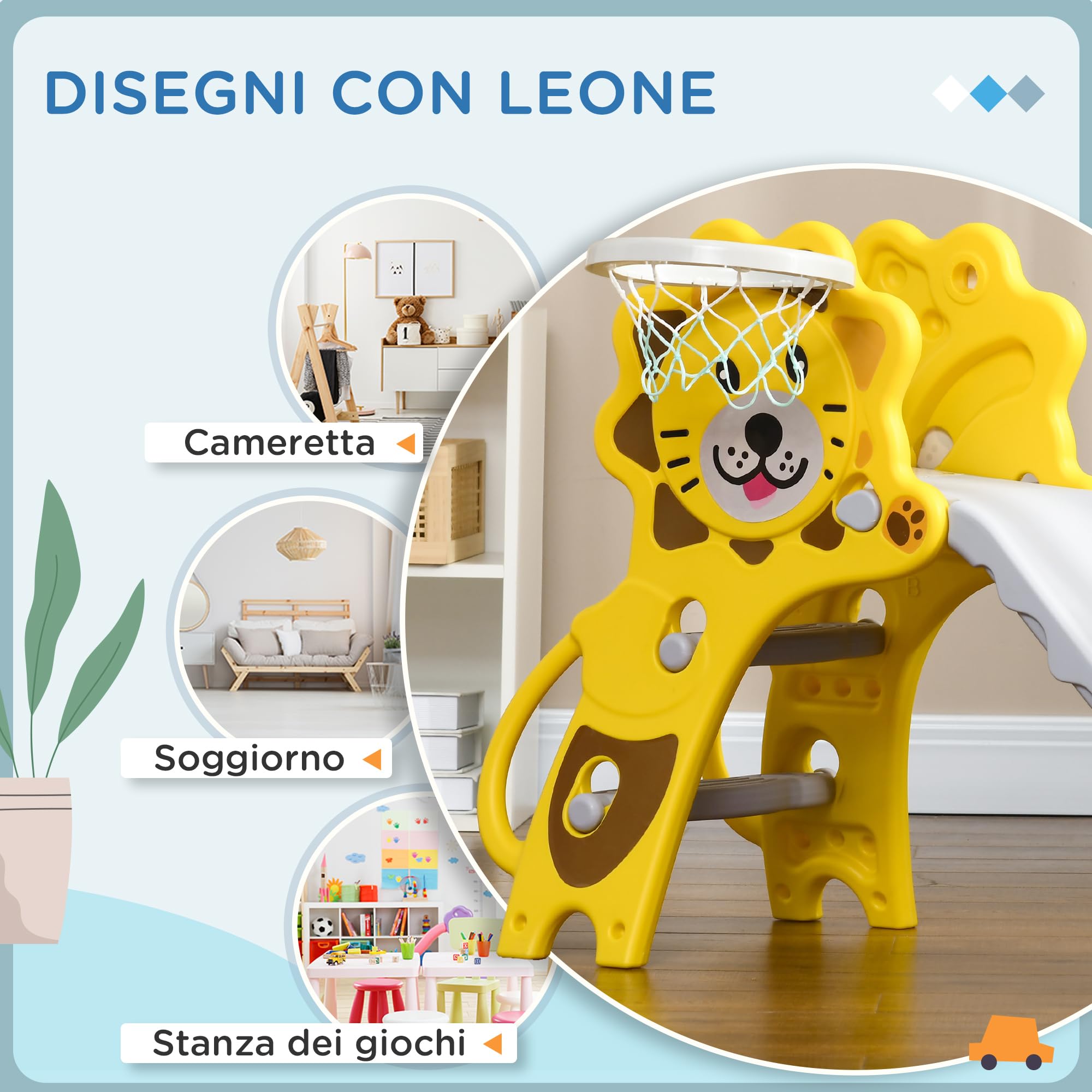 AIYAPLAY Scivolo per Bimbi 18-36 Mesi con Canestro da Basket Laterale, Scivolo in Plastica, 131x50x74 cm, Giallo e Grigio