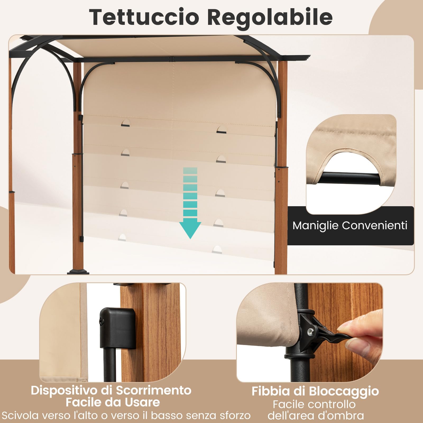 COSTWAY Gazebo Pergola da Giardino 3 x 3,6 m, Pergola da Esterno con Telaio Curvo e Tettuccio Retrattile, con Struttura in Metallo, per Giardino, Patio e Portico (Beige)