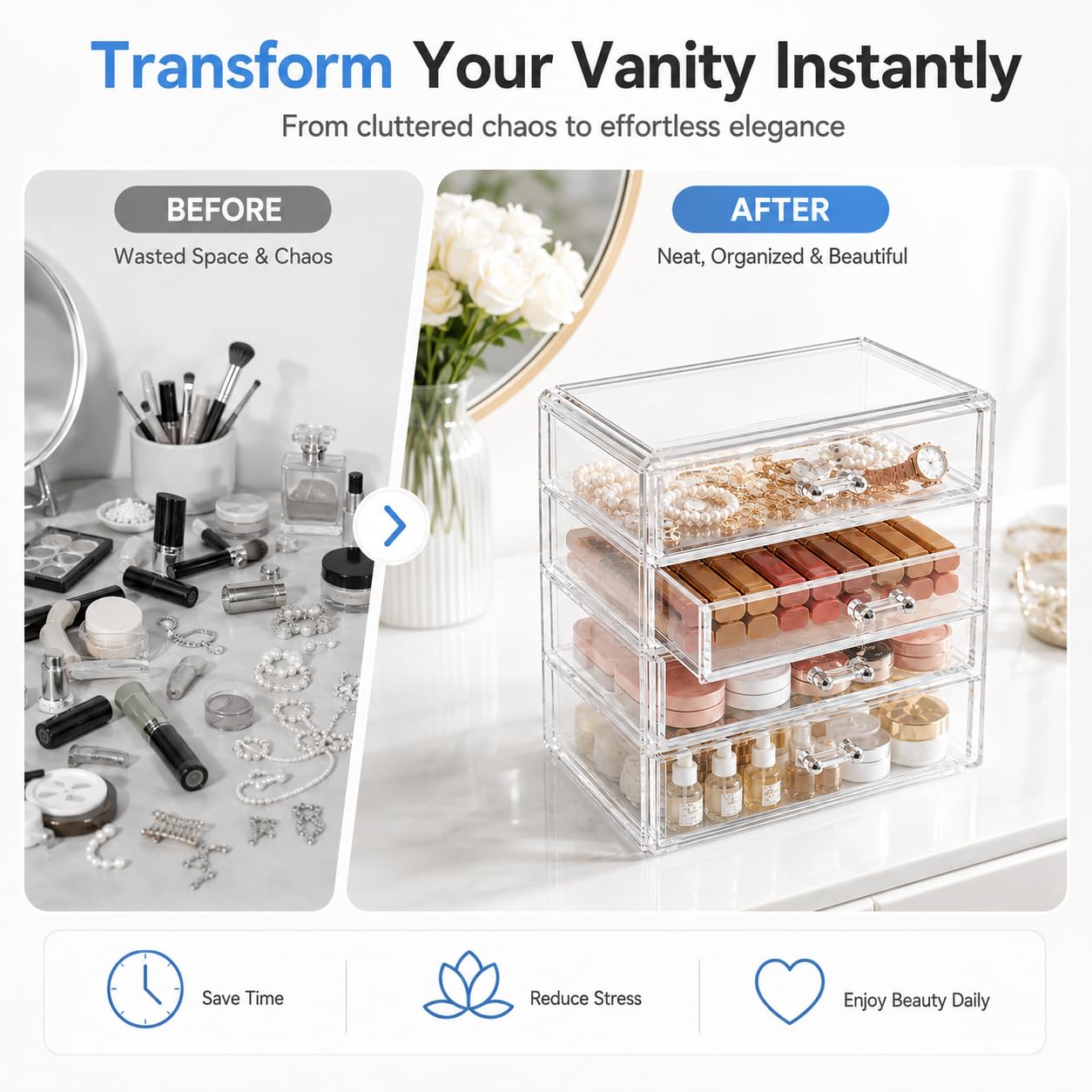 Healeved Scatola di immagazzinaggio di trucco acrilico 4 cassetti Desktop Cosmetic Organizer Grande Caso di trucco domestico a quattro strati per cosmetici da tavolo Vanity