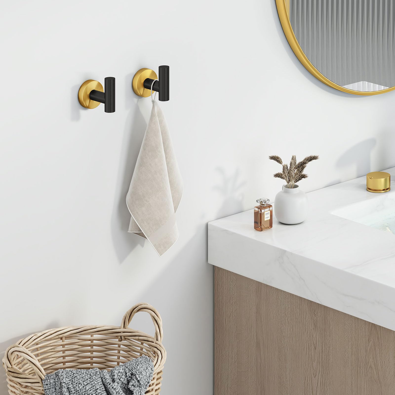 Angle Simple Gancho de toalla negro y dorado, 2 piezas, soporte de bata de baño de acero inoxidable, colgador redondo para toallas de mano, montado en la pared