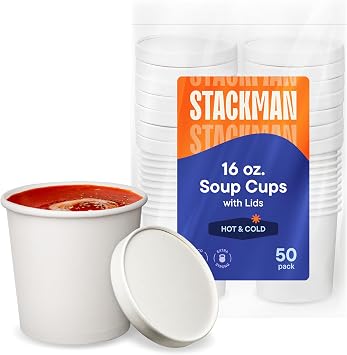 Eco-Friendly Paper Food Containers with Lids - 16 oz [50-Sets] Soup Cups | Insulated Food Cups with Vented Lids, Hot or Cold To Go Soup Cup for Soups Ice Cream and Yogurt, Disposable, Stack Man