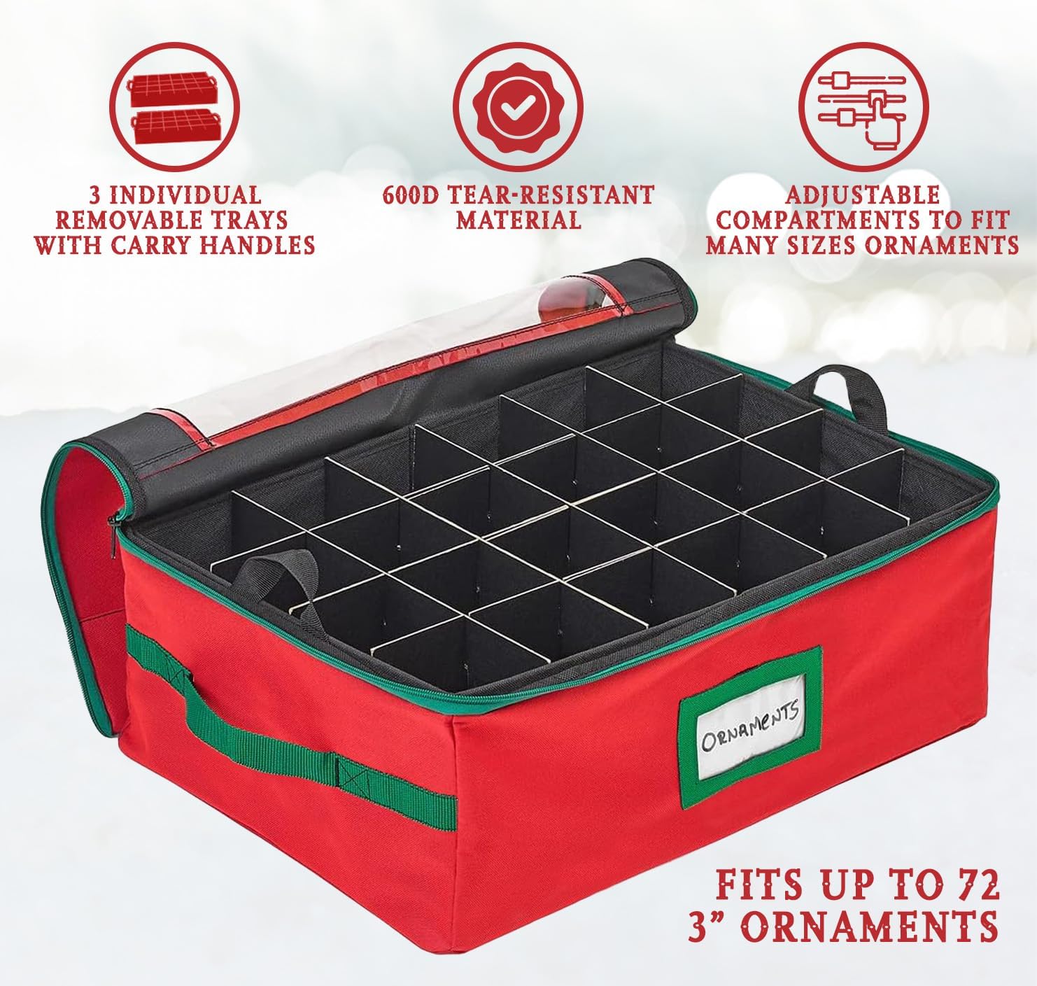 HOLDN’ STORAGE Christmas Ornament Storage Box with Dividers - Fits 72-3” Ornaments, 3 Removable Trays, Durable & Space-Saving, Clear Top Lid, Convenient Storage Designed, Red