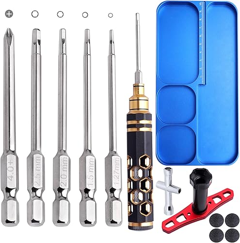 Juego de bandeja de tornillos RC y destornilladores RC 5 en 1, llave de rueda de 0.669in, kit de herramientas de llave hexagonal pequeña cruzada