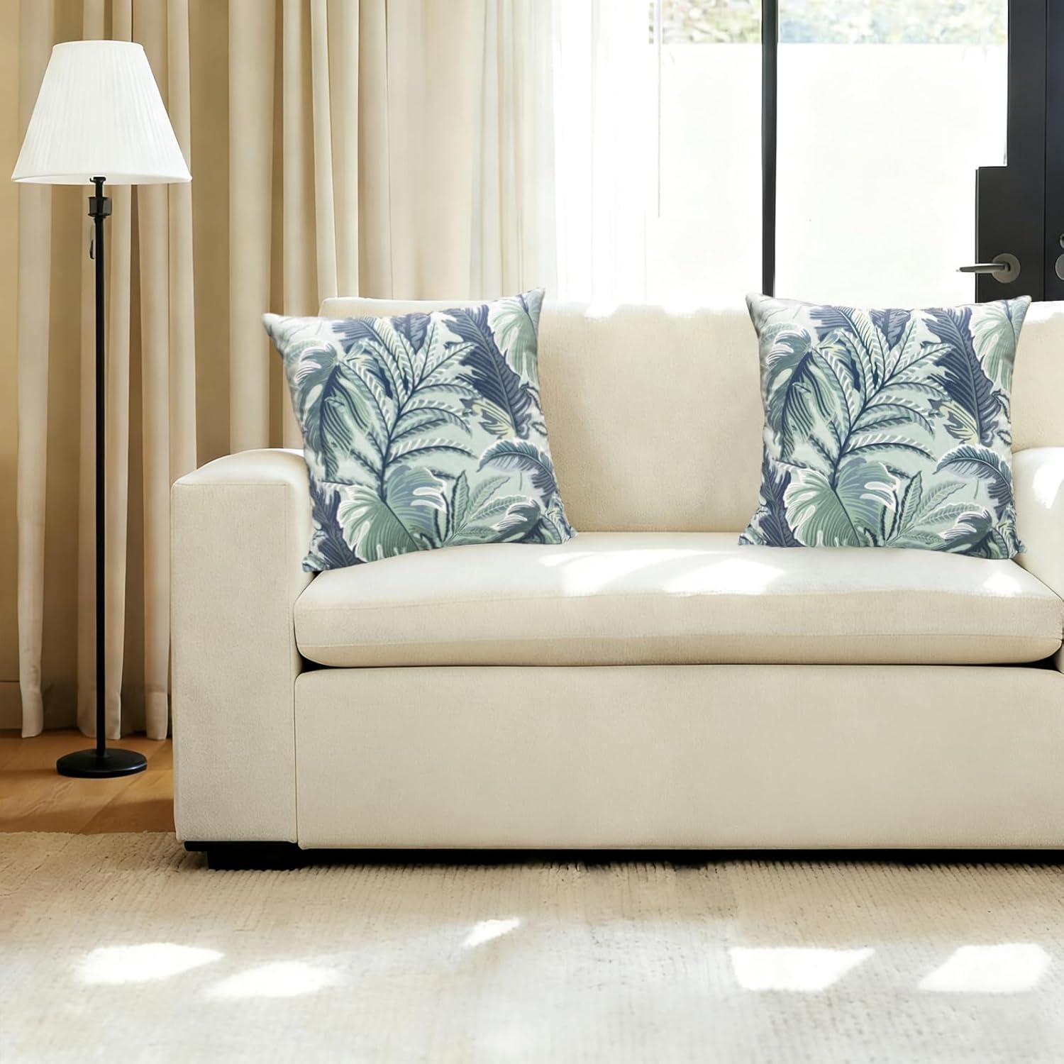 18x18 inch Decorative Throw Pillow Covers Set of 2, Super Soft Blue Green Large Leaves Farmhouse Pillow Cases Outdoor Pillow Covers for Couch Sofa Bed Living Room Home Decor Cushion Covers - Image 2