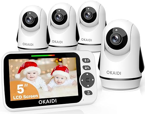 OKAIDI Monitor de video para bebés con 4 cámaras, pantalla de 5 pulgadas, monitor de bebé sin WiFi, batería de 30 horas y rango de 1000 pies,