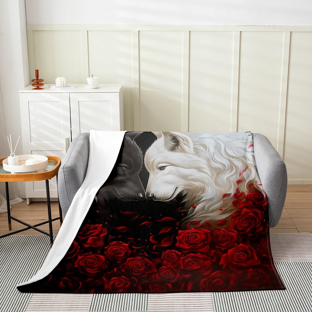 jejeloiu Wolf Flannel Blanket Plush Fuzzy Queen 90"x90" Red Rose Wolf Fleece Throw Blanket for Kids Boys Girls Decor Animal Wolves Couple Wolves Black and White