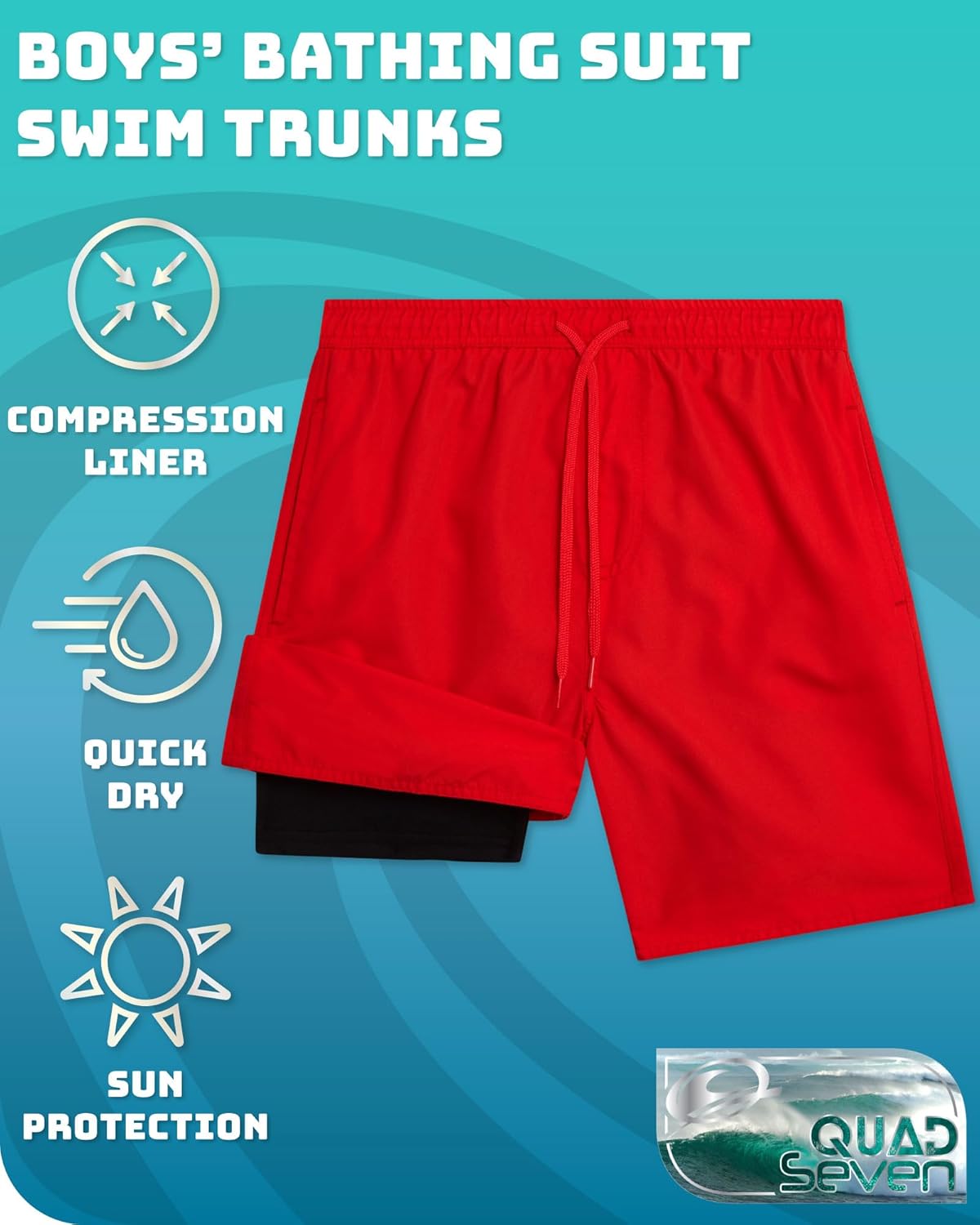 Quad Seven Boys Swim Trunks with Compression Liner Quick Dry Bathing Suit Swim Shorts (Sizes: 8-14) - Image 2