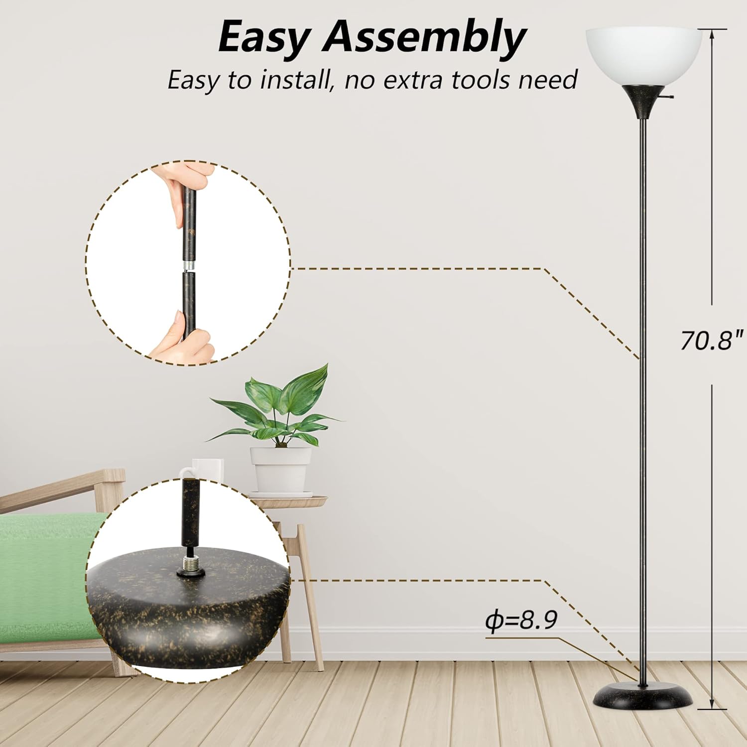 RISLG Floor Lamp, Standing Lamp for Bedroom, Drop-Resistant White Lampshade, Rotary Switch, Industrial Metal Floor Lamp for Living Room Bedroom Study Office Kid’s Room