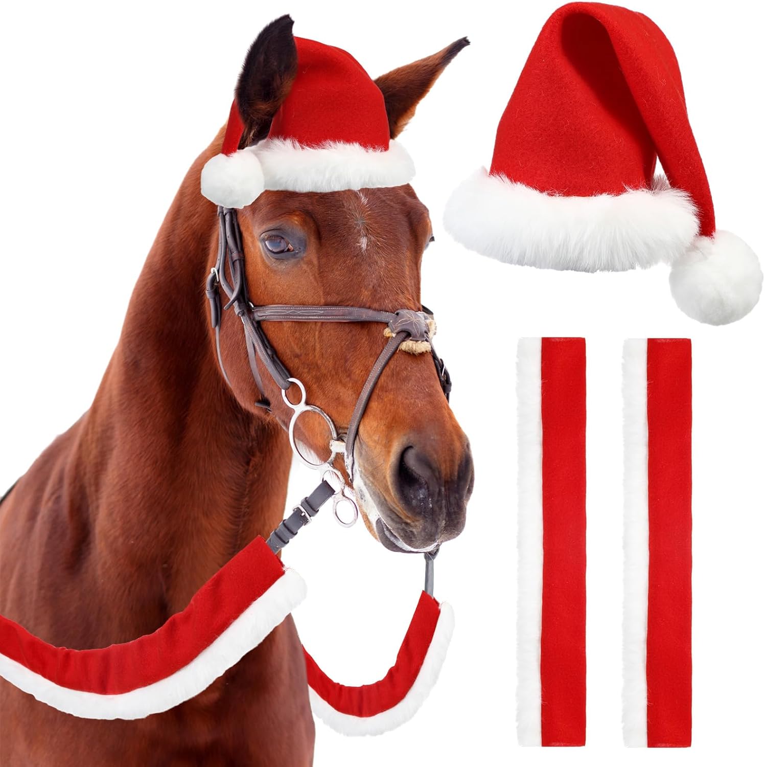 Christmas Horse Costume Accessory Including Horse Hat with Rein Cover and Halter Bridle Cover for Xmas Parade