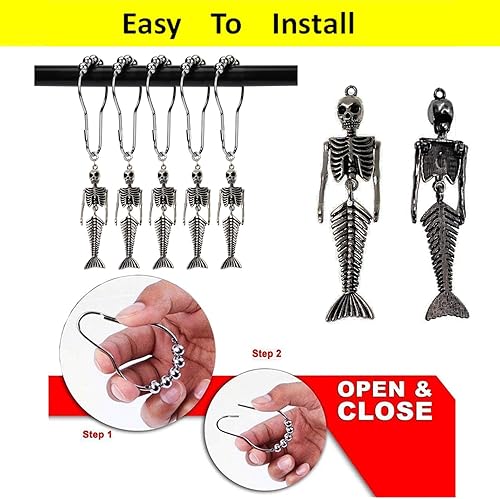 Miniatura 4 de 12 ganchos decorativos para cortina de ducha de esqueleto de sirena, decoración de Halloween, decoración de baño y esqueletos inoxidables, anillos