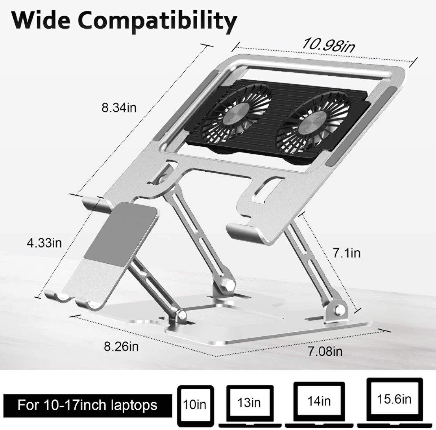 Laptop Cooling Stand with Detachable Fan,2-IN-1 Laptop Stand with Phone Holder and Silent Fans,Adjustable Height and Angle,Carbon Steel Framework,Laptop Cooling Pad for up to 16”Laptop (White)