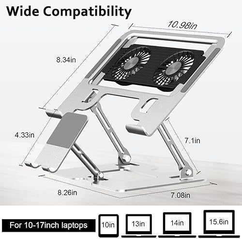 Miniatura 5 de Soporte para laptop con ventilador, soporte de refrigeración para MacBook con 2 ventiladores silenciosos extraíbles y soporte para teléfono, altura