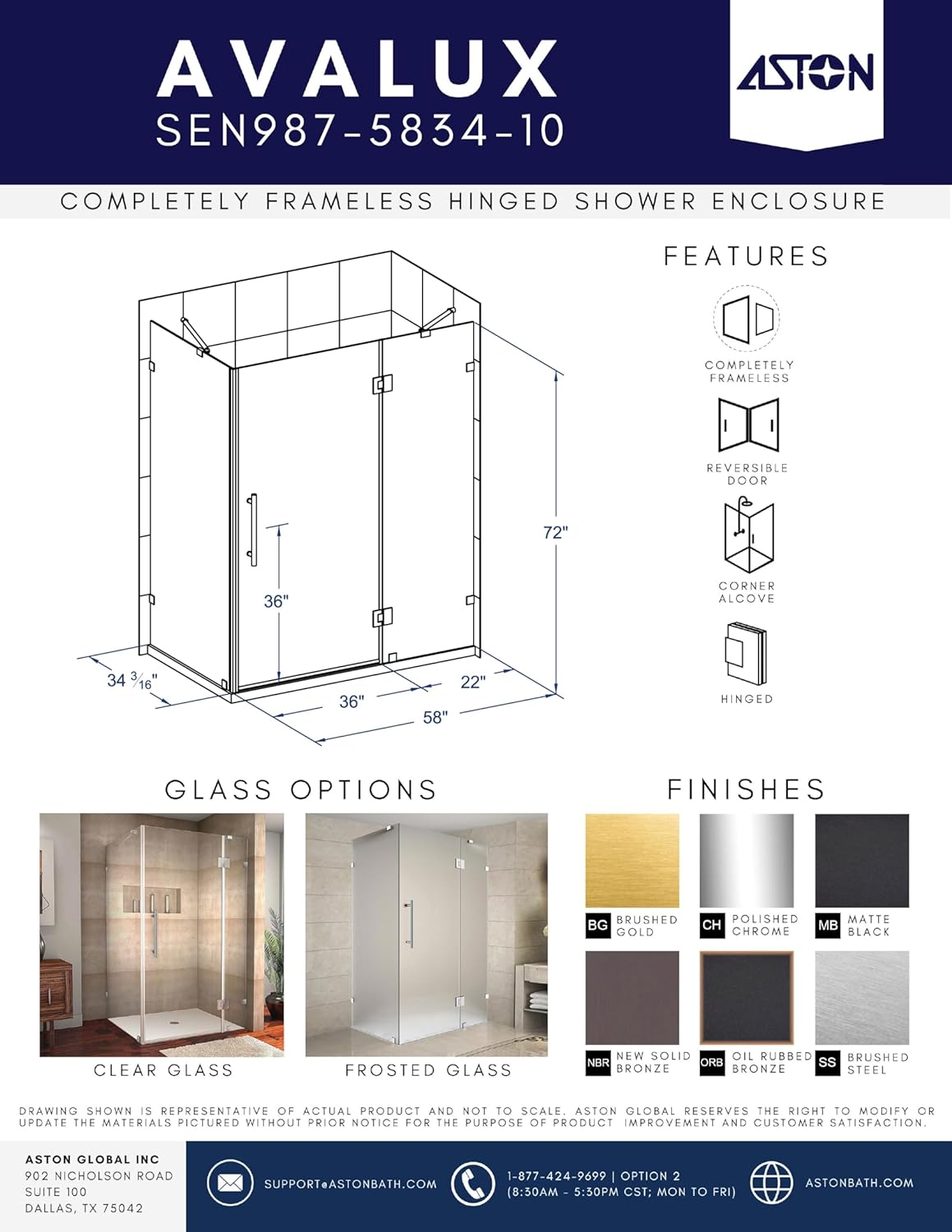 Avalux 58 in. W x 34 in. D x 72 in. H Rectangular Pivot Frameless Corner Shower Enclosure in Bronze with Clear Glass