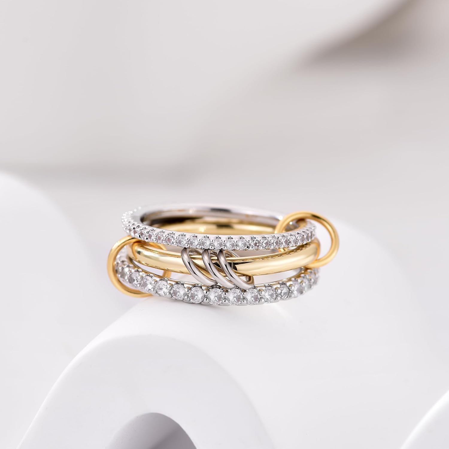 14K Gold Plated Interlocked Stackable Rings for Women Non Tarnish,Gold and Silver Cubic Zirconia Statement Rings Set,Mixed Metals Ring Two-Toned Connected Bands Stacking Jewelry - Image 2
