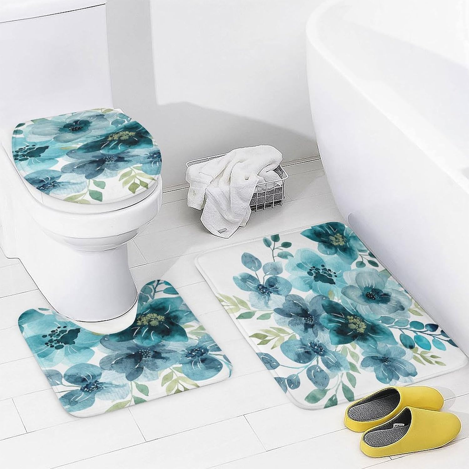 Four Piece Bathroom Set with Toilet Lid Cover and Non-Slip Rugs Minimalist Shower Curtain for Bathroom Set