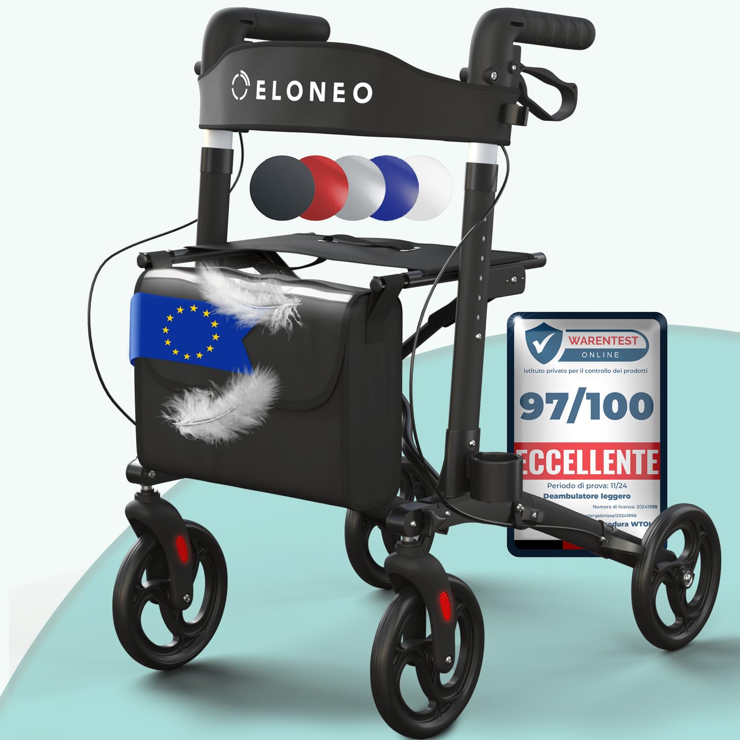 ELONEO Deambulatore con Seduta - Girello per Anziani con 4 Ruote Leggero, in Alluminio, 8 Altezze Regolabili, Deambulatore Pieghevole con Borsa e Porta Ombrello, Adatto all'Auto (Nero)