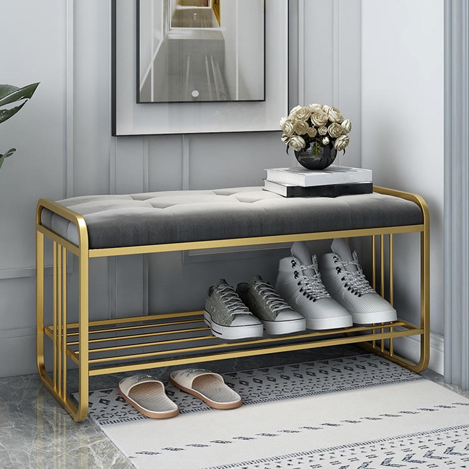 Banc à chaussures en fer gris 60cm avec coussin confortable pour l'entrée