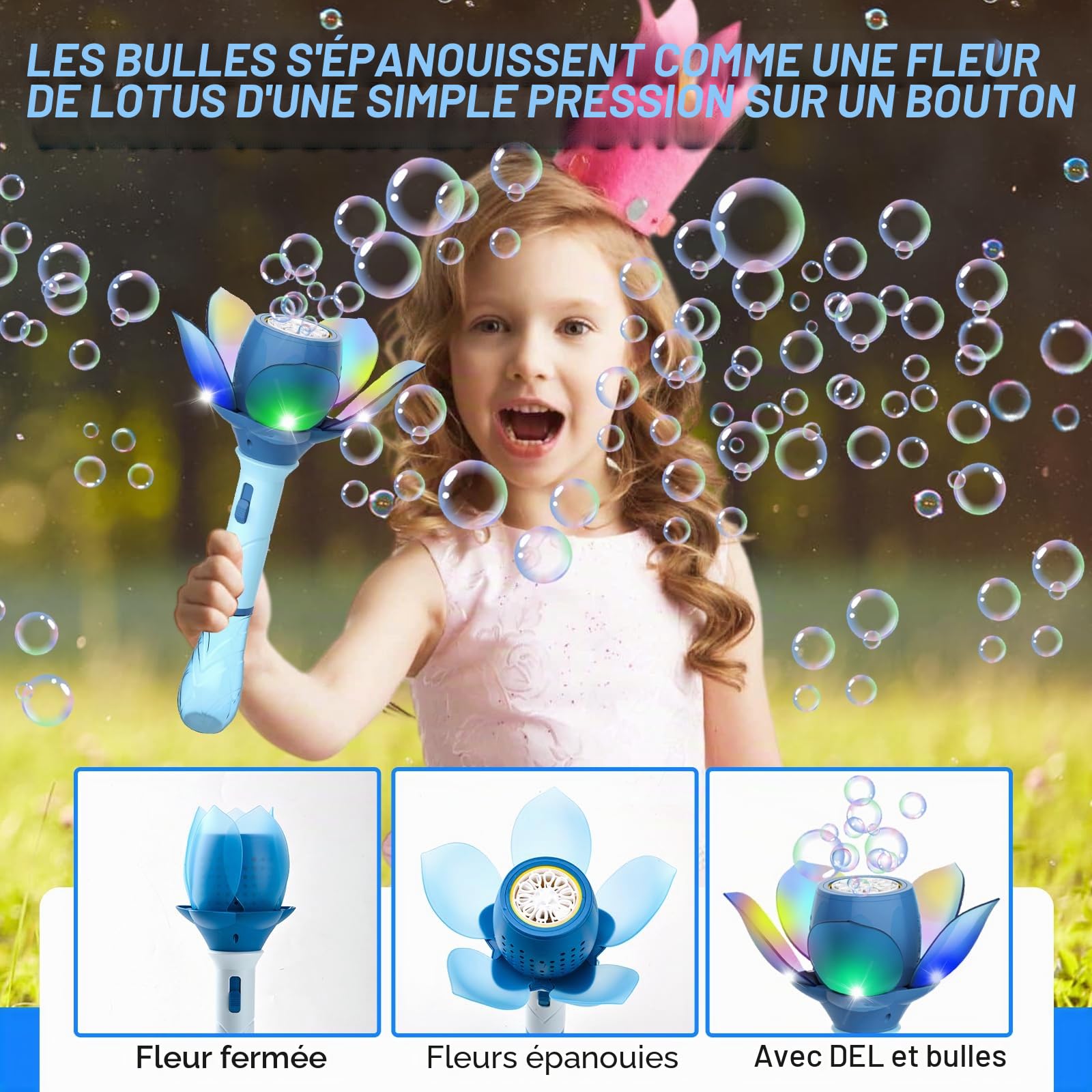 Machine a Bulle, Fleur de Lotus Machine à Bulles Enfants 10000+ Bulles/Minute, Pistolet a Bulles pour Enfant avec 120ml Solution et 8X 10ml Concentré à Bulles (Bleu)