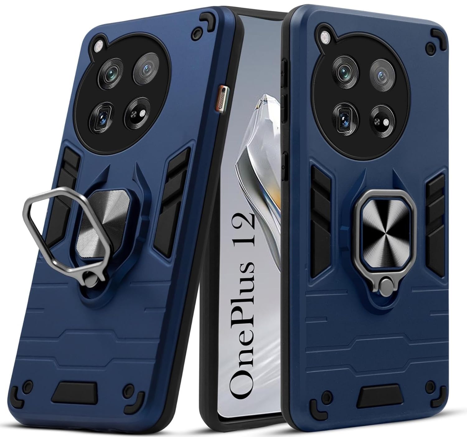 SHARK WAVE Tough Armor Bumper Back Cover Case for OnePlus 12 5G | Kickstand & Ring Holder | 360 Degree Protection Back Cover (PC & TPU, Sliding Camera Cover, Black (Blue)