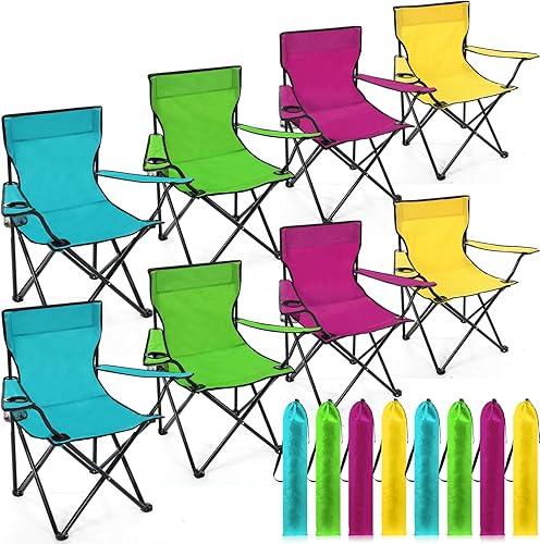 Miniatura 1 de 8 sillas plegables de camping con portavasos y bolsa de transporte, tamaño regular, silla de césped ligera portátil con bolsillo lateral de malla