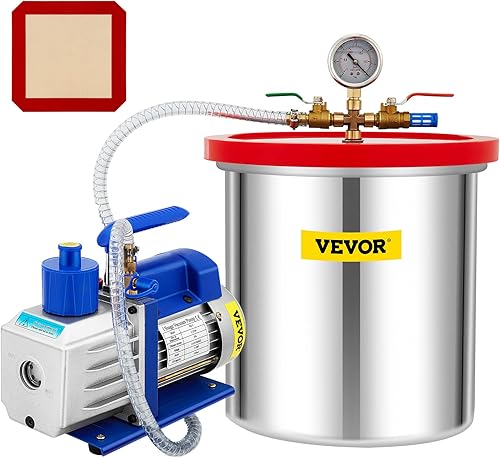 Miniatura 10 de VEVOR Bomba de vacío de 7 CFM 34 HP, doble etapa, bomba de vacío de 2 etapas con cámara de vacío de 5 galones, juego de manómetro de colector de