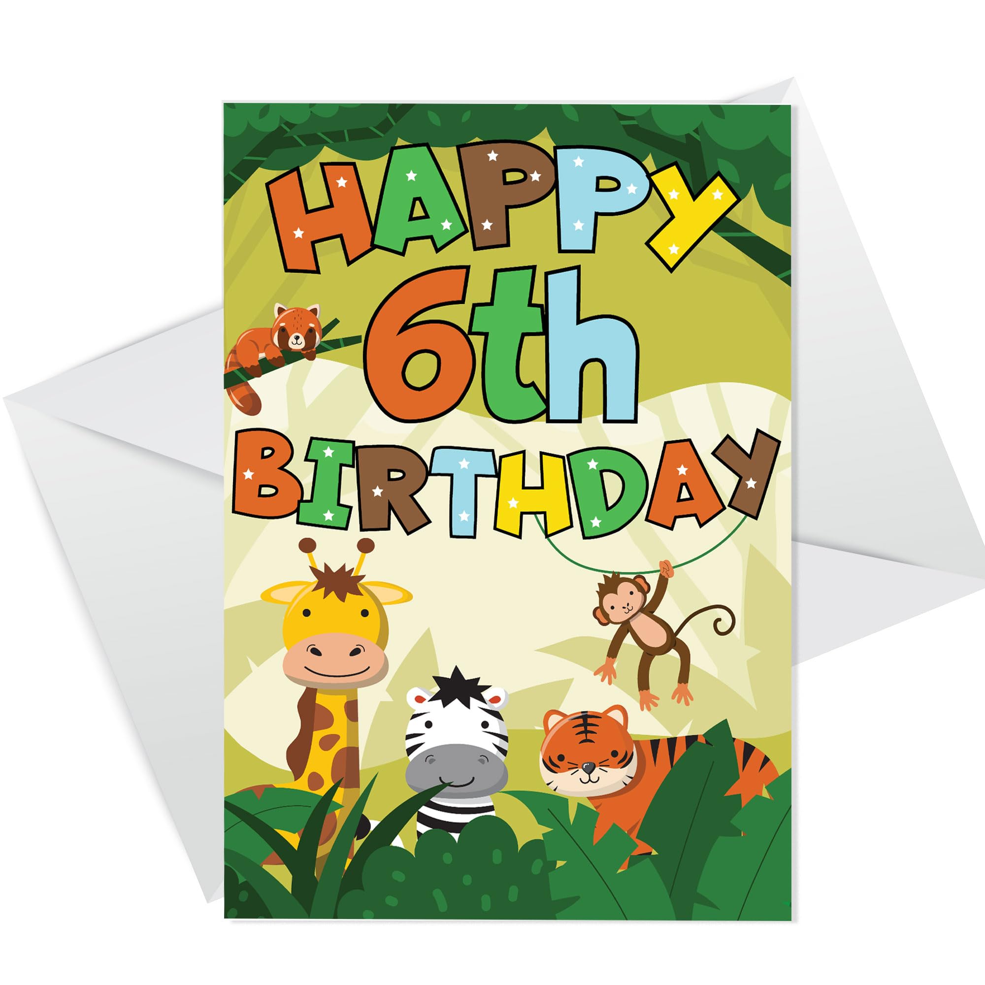 RED OCEAN 6th Birthday Jungle Animal Card for Boys - Happy Birthday Card 6 Year Old Boy, Sixth Birthday Cards for Grandson, Greeting Cards for Nephew Niece Children Kids (6th Birthday Jungle Animals)
