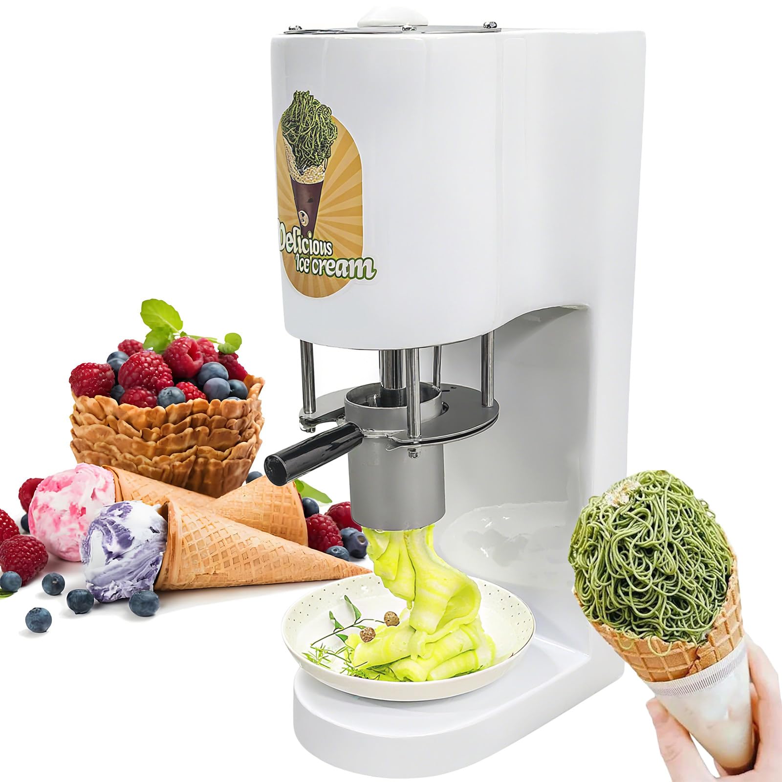 Máquina para Hacer Helado Espagueti Multiforma con 4 Moldes Intercambiables, Depósito 420ml/Acero Inoxidable/Inicio con 1 Botón, 80W Profesional para Heladerías & Tiendas de Gelato 110V