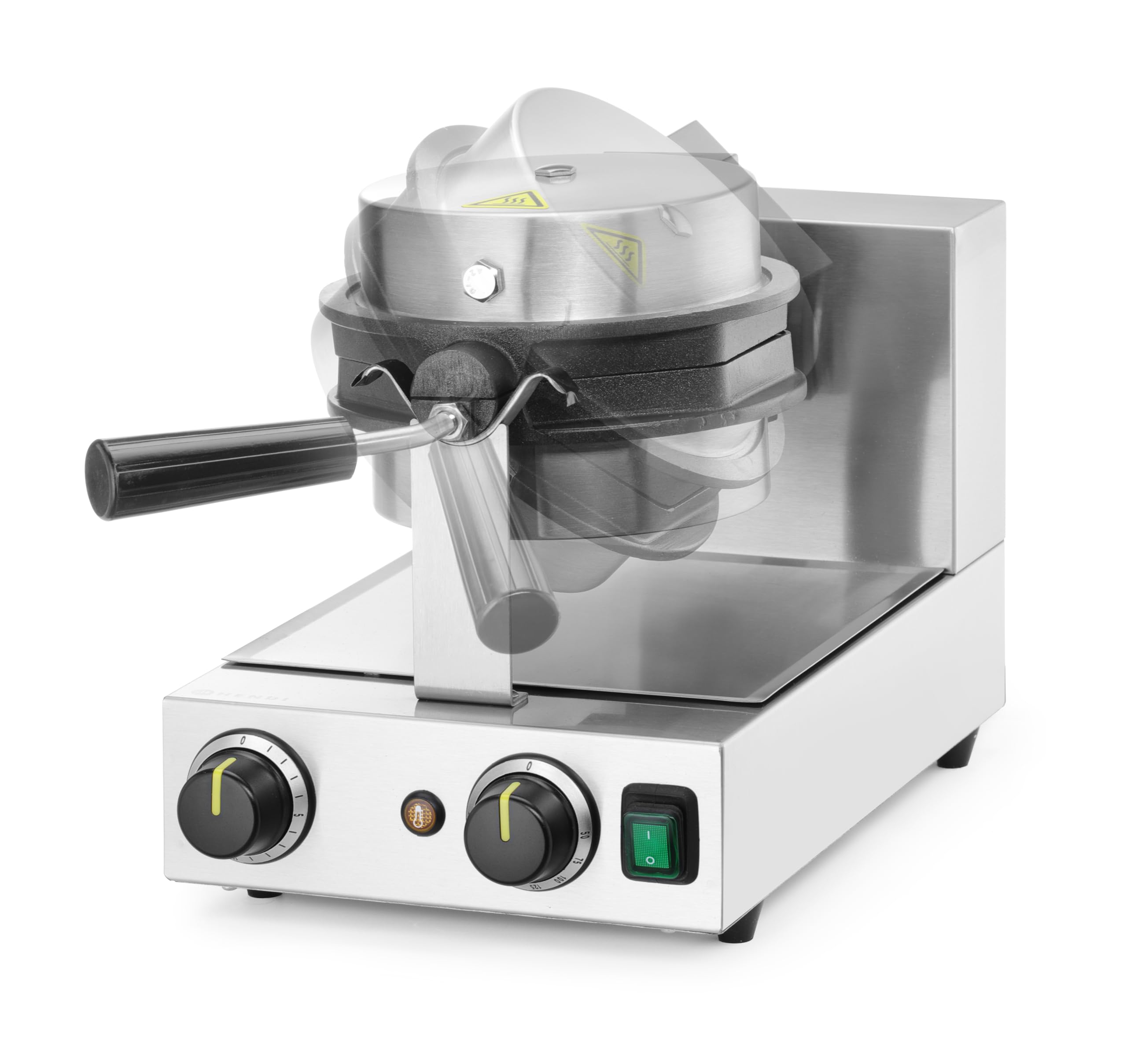 HENDI Máquina eléctrica giratoria para hacer gofres de burbujas, gofrera bubble waffles, waflera, placas antiadherentes de aluminio fundido, 50°C-210°C, 1500W, 255x560x(H)318mm, acero inoxidable