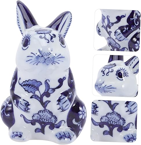Miniatura 5 de Garneck Adorno de conejo de porcelana azul y blanca Conejito Decoración para pasteles Centro de mesa de conejo Escultura de conejito Año Nuevo 2023