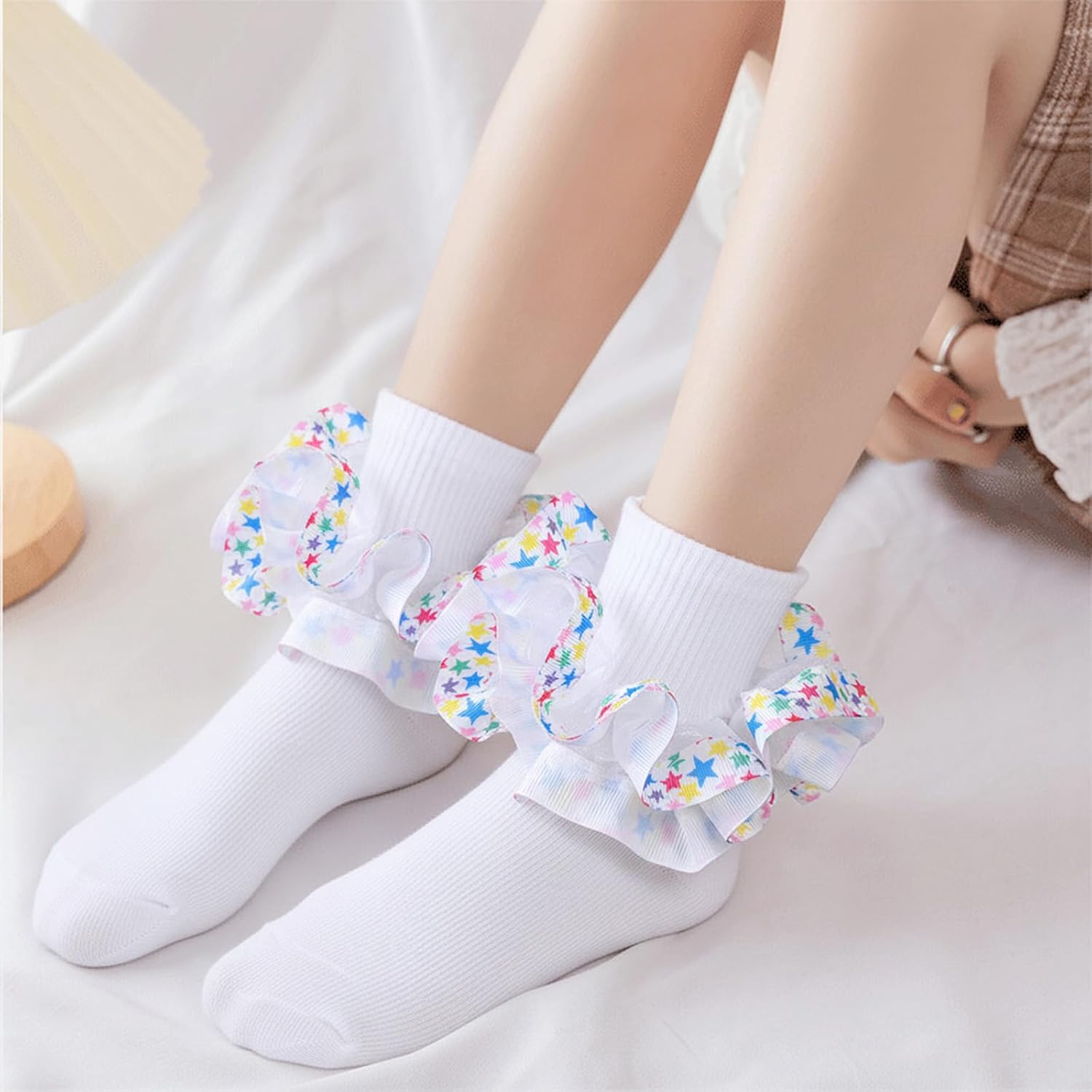 Toddler Baby Girls Ruffle Soft Double Frilly Lace Socks Kids Cute Ankle Cotton Dress Socks (US, Age, 4 Years, 6 Years, Colorful Tree-2pairs)