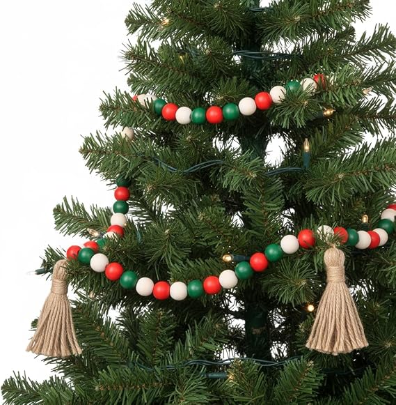Red Green Wooden Bead Garlands, 39 Inch Xmas Natural Wood Bead Garland with Rope Tassel, Rustic Christmas Bead Garland for Tiered Tray Decor Xmas Tree Farmhouse Home Kitchen Wall Hanging Decoration