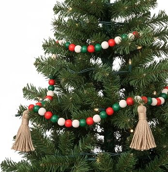 Red Green Wooden Bead Garlands, 39 Inch Xmas Natural Wood Bead Garland with Rope Tassel, Rustic Christmas Bead Garland for Tiered Tray Decor Xmas Tree Farmhouse Home Kitchen Wall Hanging Decoration