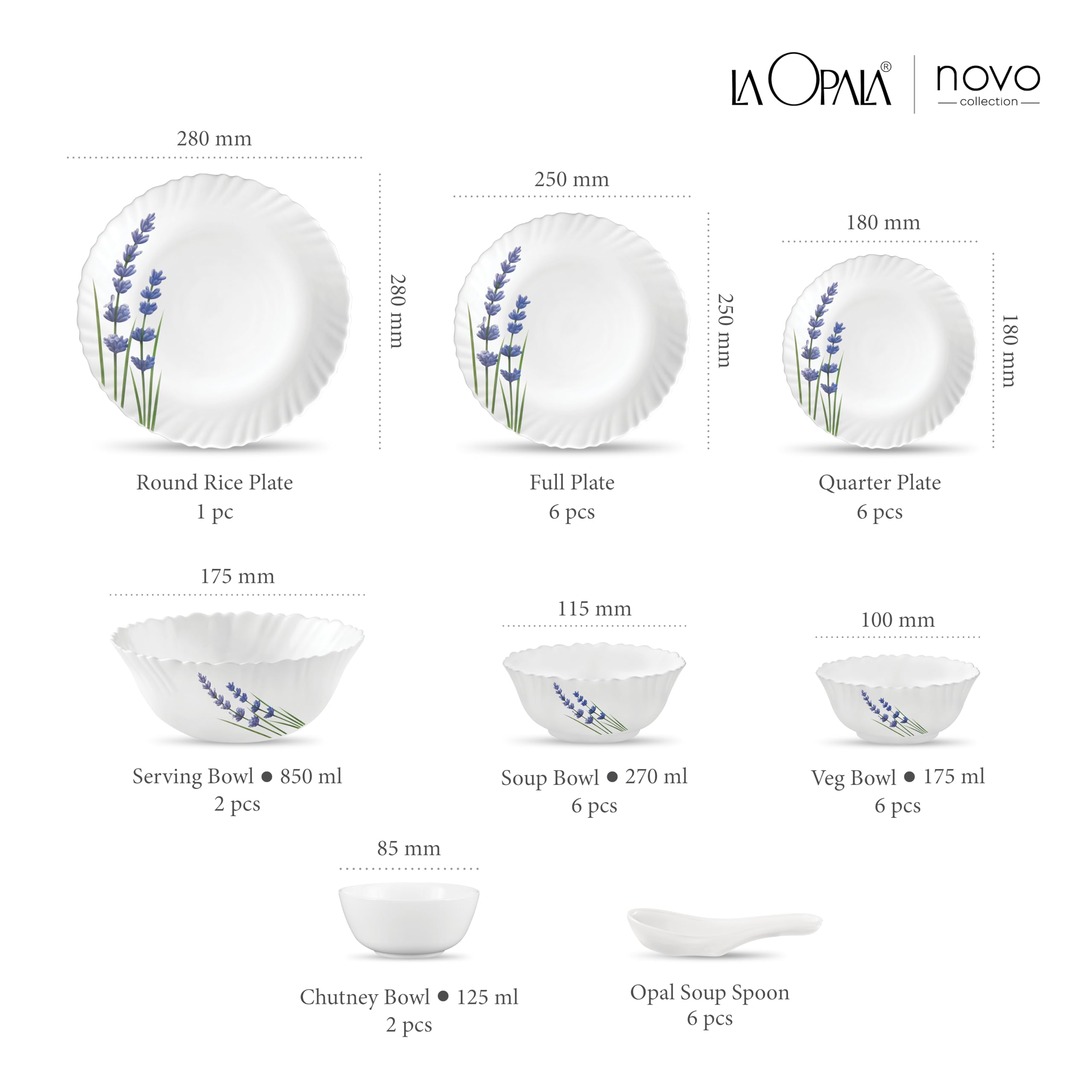 La Opala, Novo Collection, Opal Glass Dinner Set 35 pcs, English Lavender, White 2