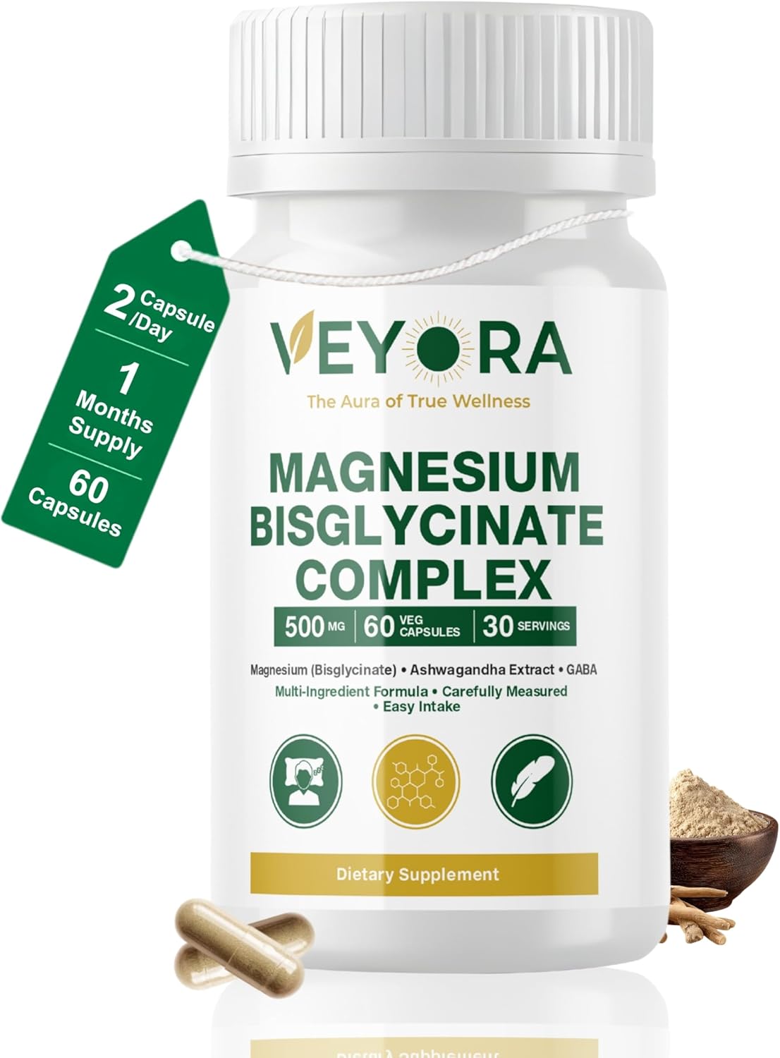 Magnesium Bisglycinate Complex Capsules | 120 mg Magnesium per Serving | with KSM-66® Ashwagandha, GABA, L-Theanine & Melatonin | 60 Veg Capsules | Made for USA
