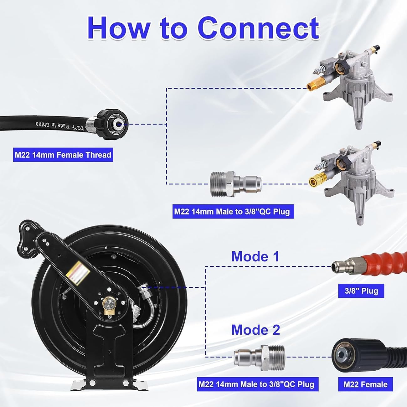 Retractable Pressure Washer Hose Reel,Heavy Duty Steel Power Washer Hose Reel,Double Arm 50FT X 3/8",Auto Rewind