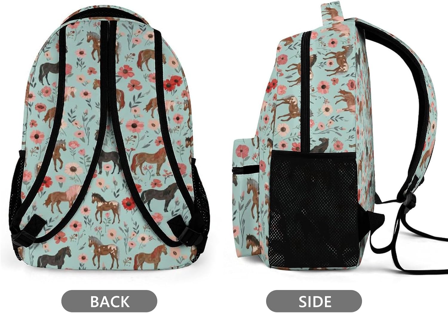 KOYI Horse Backpack Girls Horse with Floral Flowers Backpack for Girls, Kids Horse Backpack for School Travel, Cute Horse Stuff for Girls, Elementary Boys Girls School Backpack, 16.5 Inch, Mint-Blue - Image 2