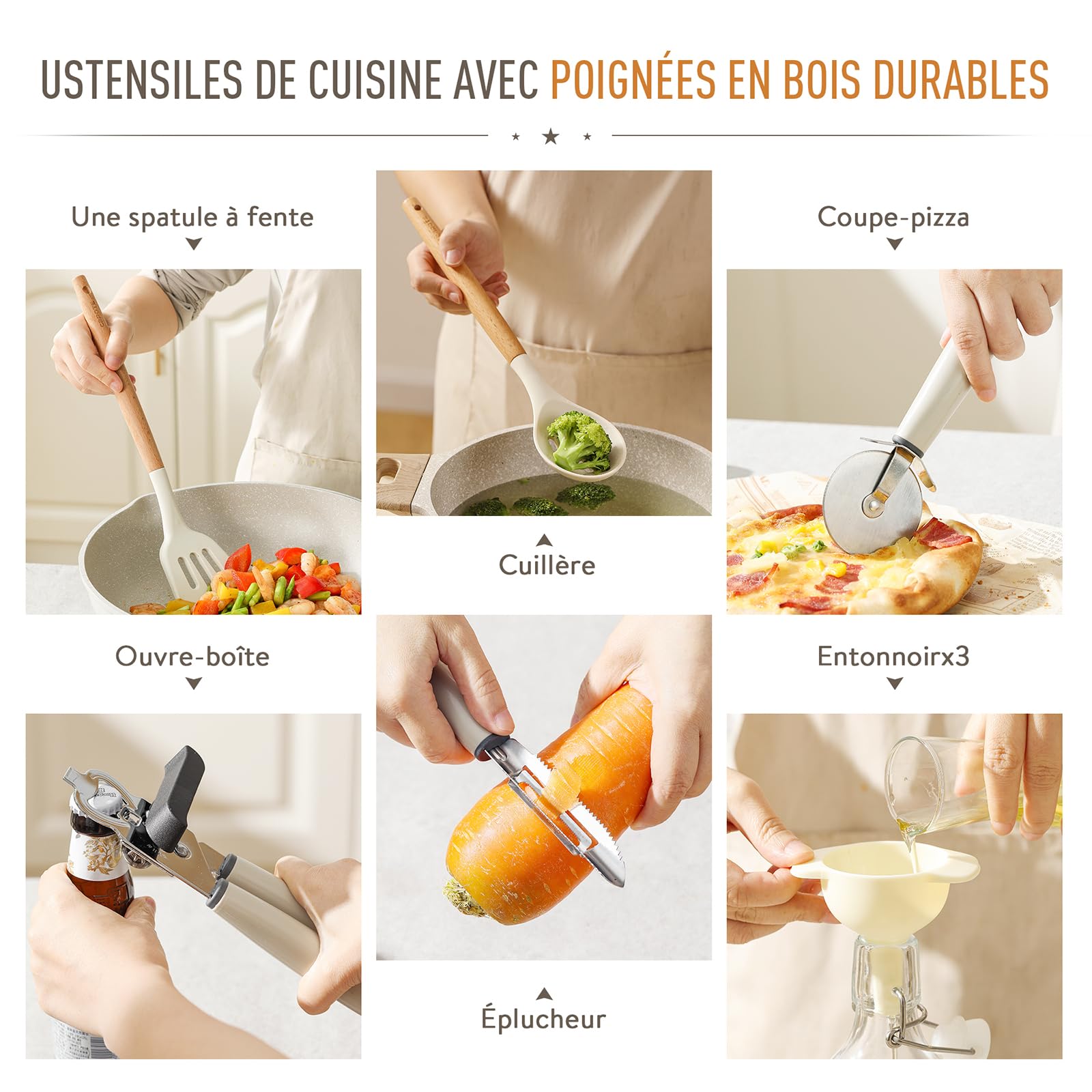 CAROTE Set de 16 Ustensiles de Cuisine Silicone Résistant à la Chaleur, Antiadhésive Anti-Rayures Cuisine Accessoires, Poignée anti-casse, Sans BPA, pour Toute la Famille