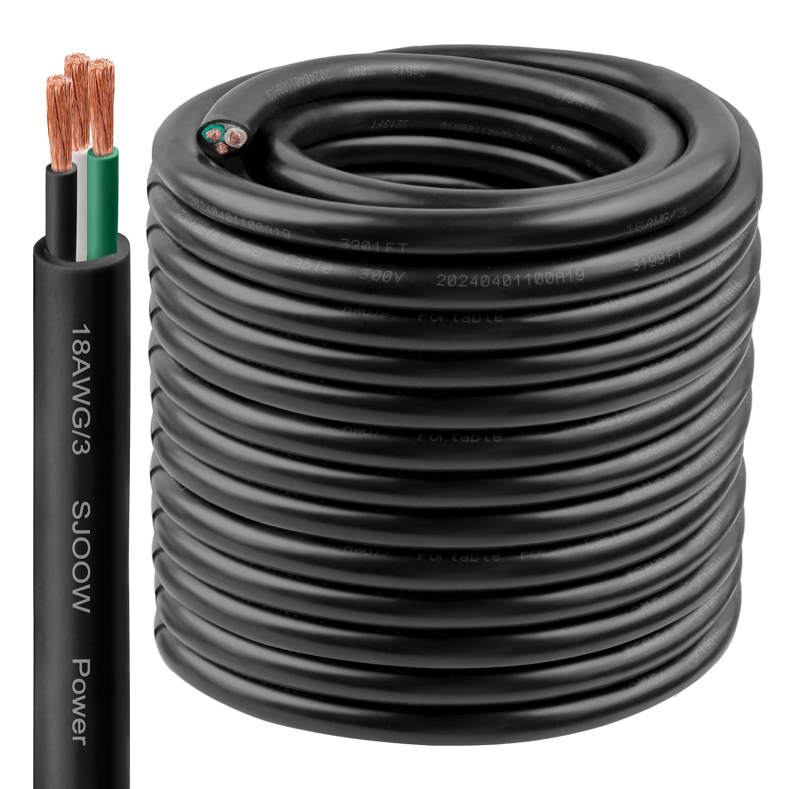 18/3 SJOOW Wire 150FT, 18 AWG 300V SJOOW Bulk Cable, 18 Gauge 3 Conductor Portable Cable for Welder,Generator,Portable Light,Circuits,EV Car Charger,Motor Lead
