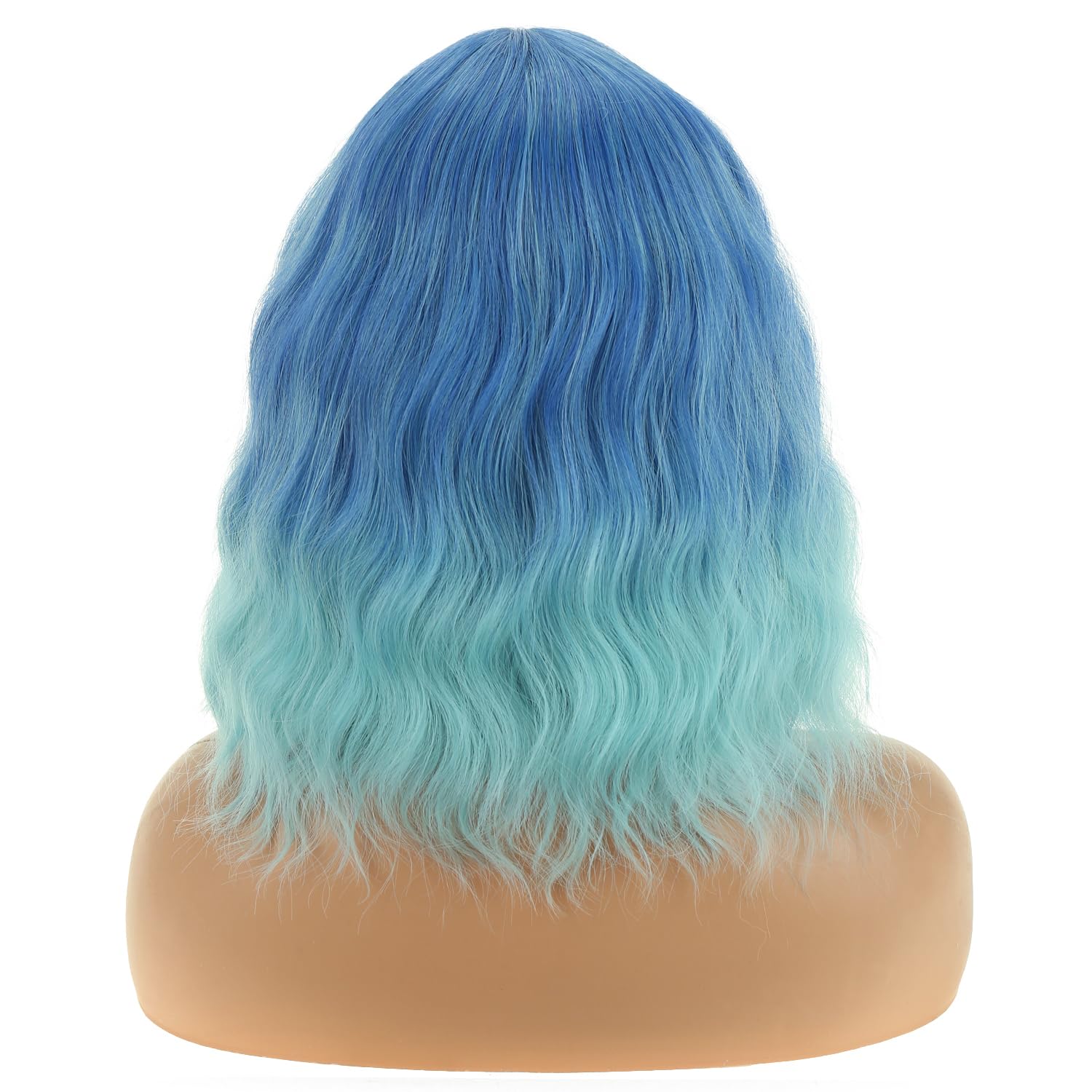 BERON 14 Inches Ombre Blue Wig Short Curly Blue Wigs with Bangs Ombre Wigs for Women Daily Party Hairnet Include