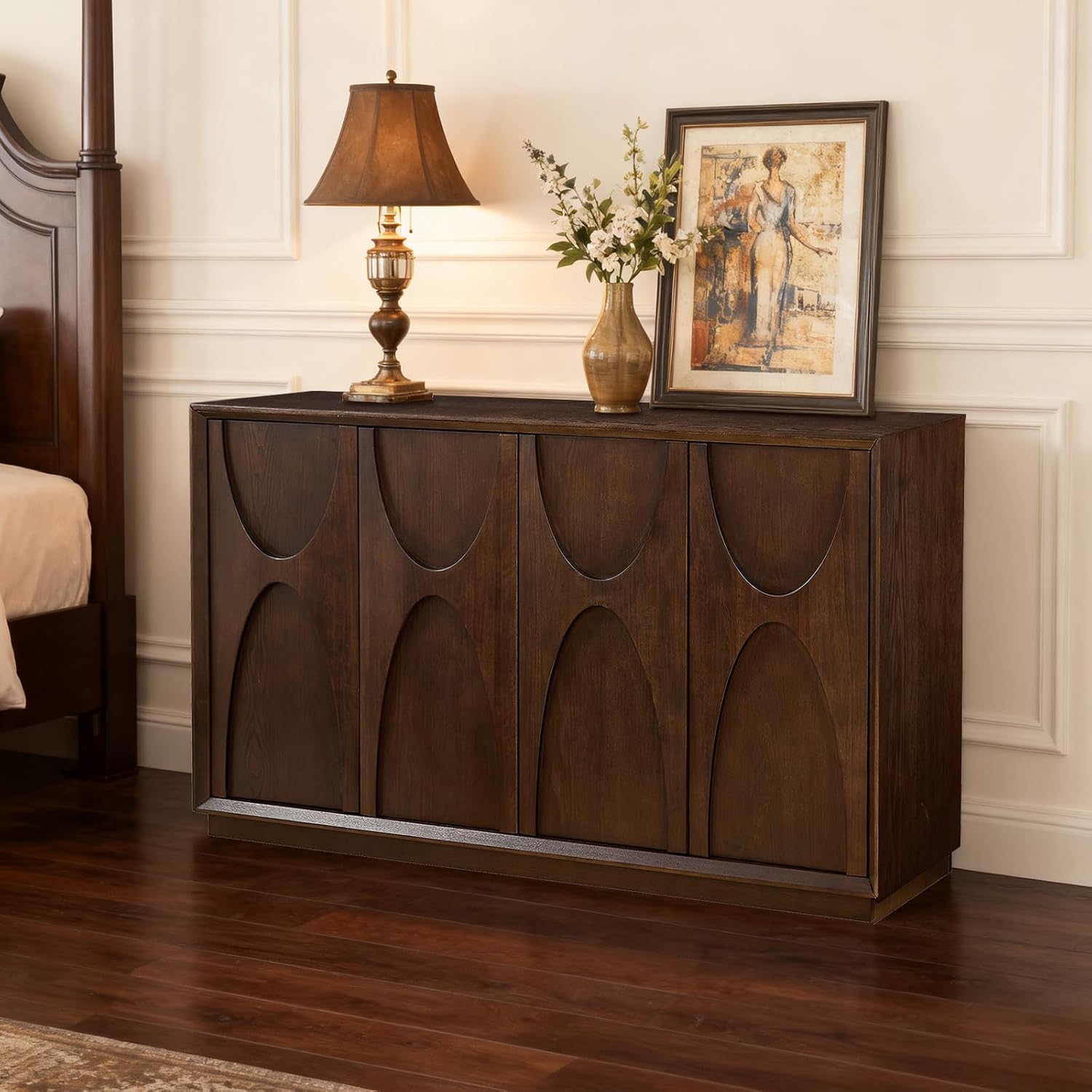 59" Sideboard Buffet Cabinet, Modern Buffet Sideboard Retro Accent Storage Floor Cabinet with Push Latch Door Adjustable Shelf, for Living Room, Kitchen, Entry (Walnut) A-walnut 59.69"L x 15.75"W x 32.28"H