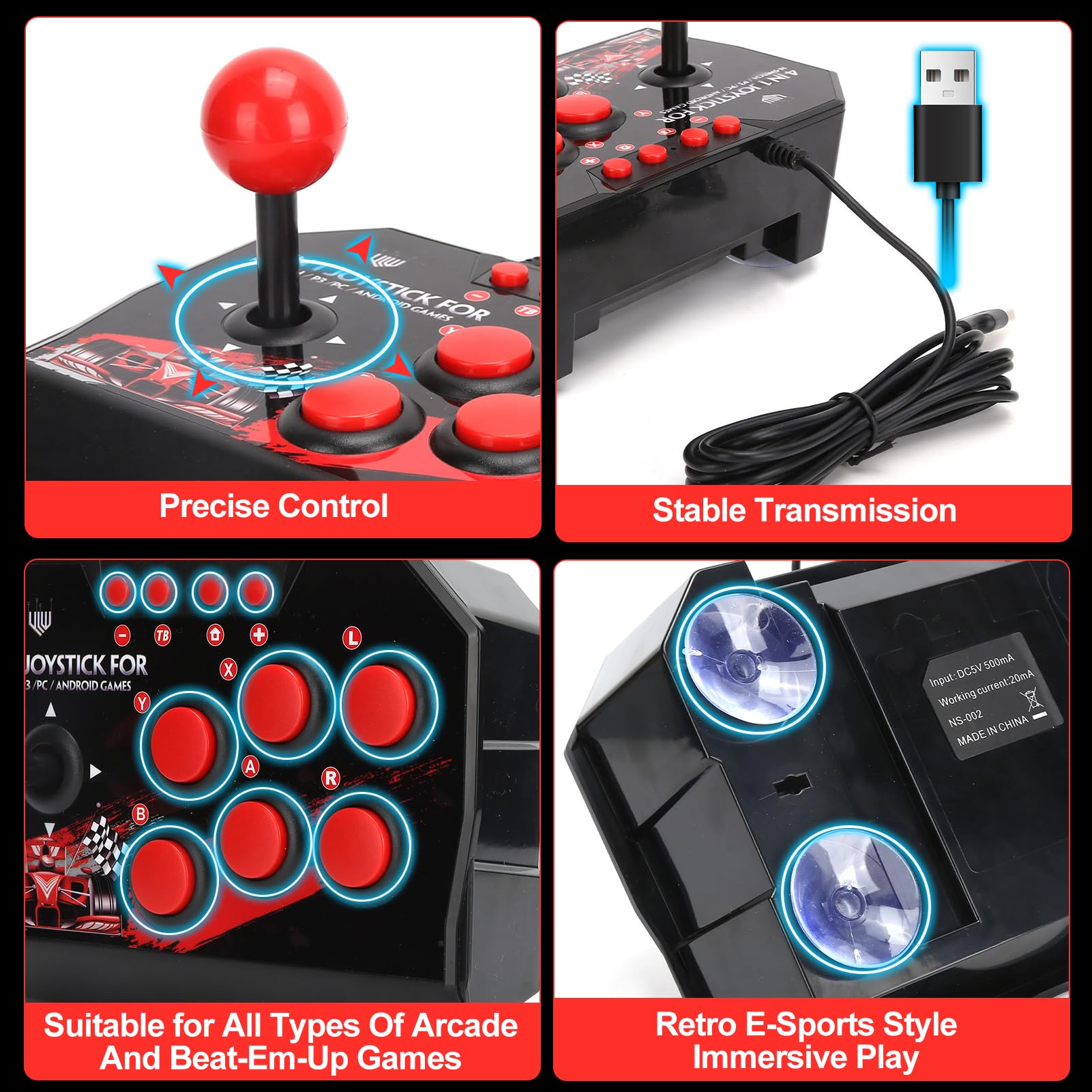 Kij do walki zręcznościowej, nostalgiczny kontroler do gier ulicznych na PC Przewodowy joystick do gier zręcznościowych Akcesoria do gier z portem USB do przełącznika PS3 PC