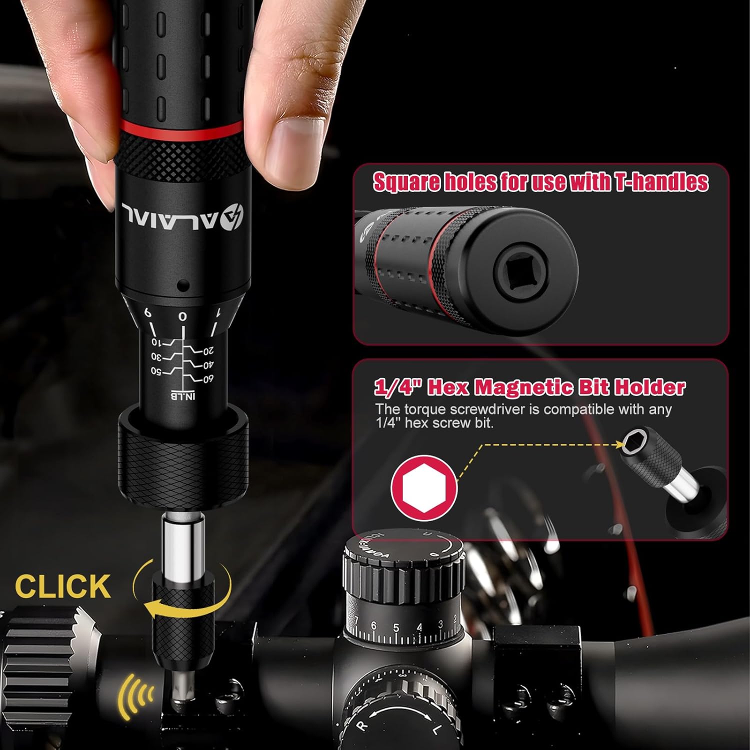 Torque Screwdriver Set 10-60 in-lb, Adjustable Inch-Pound Torque Driver Kit with S2 Steel Bits & Case – Prevents Over-Tightening for Bike Repair, Scope Mounting & Optics