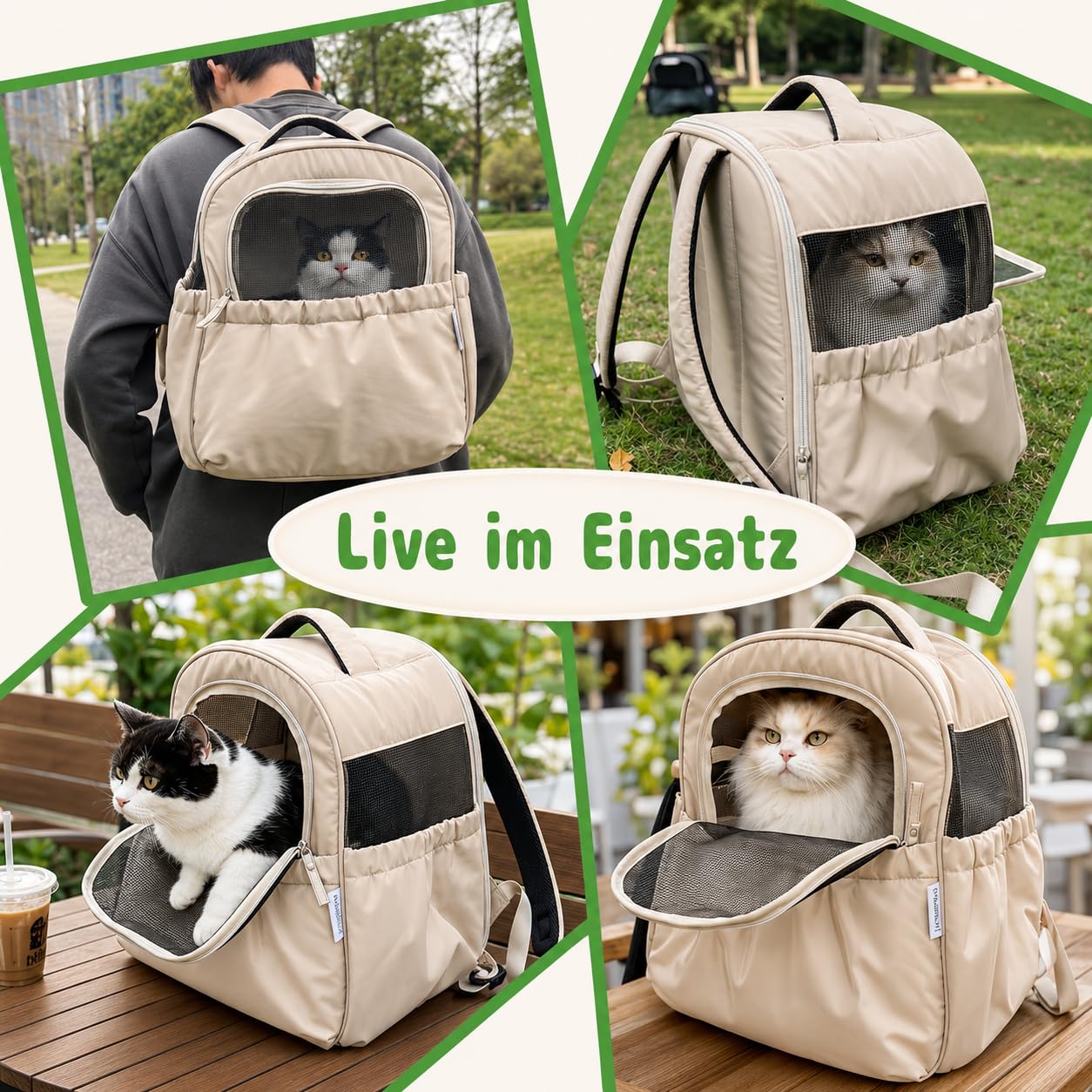KatzenRucksack HundeRucksack für Kleine Haustiere bis 4 kg - Atmungsaktive & Faltbare Hundetasche, Tragbare und Leichte Katzentasche, mit Netzfenster Haustier Transportboxen (Beige)