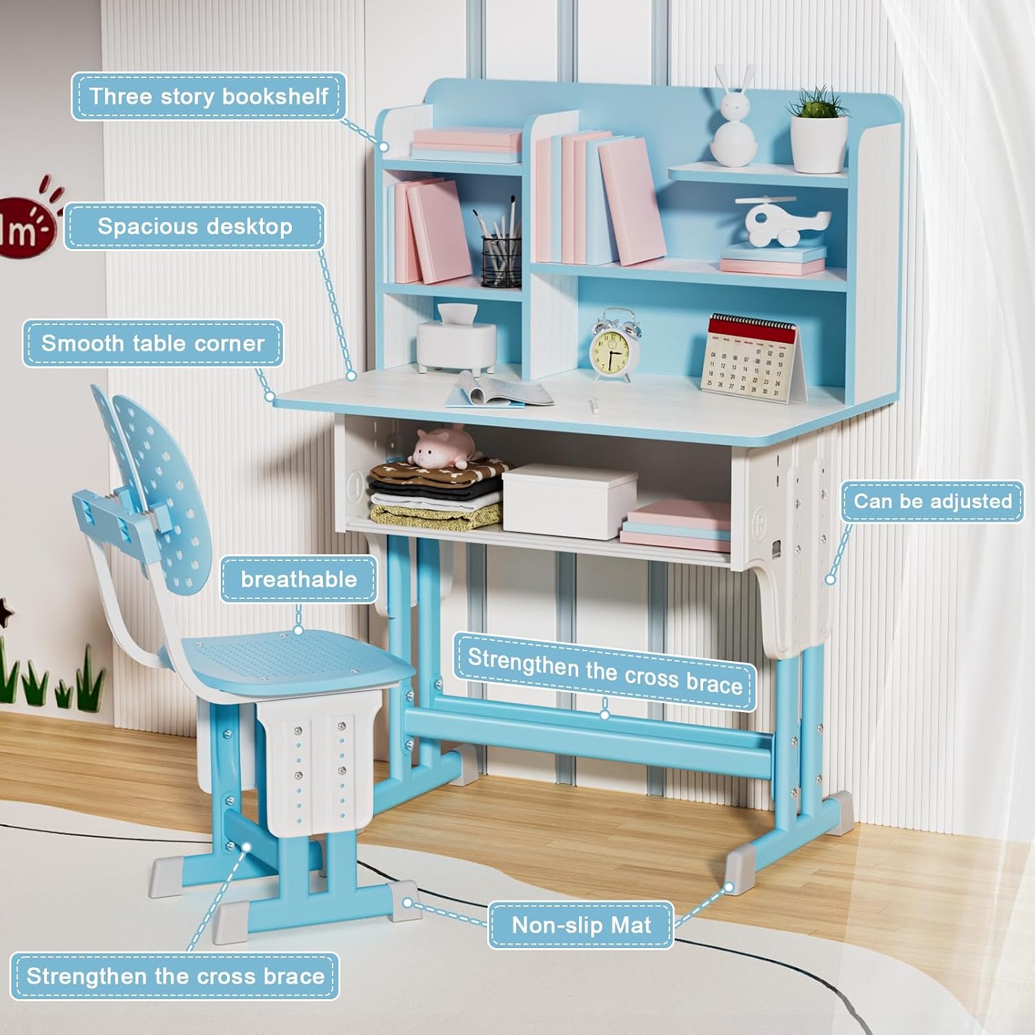 Kids Functional Desk Chair Set, Ergonomic Adjustable Height Children School Study Leaning Table Chair Set with Drawer Design, Six Partition Book Stand, Backpack Hook, Cup Holder Blue