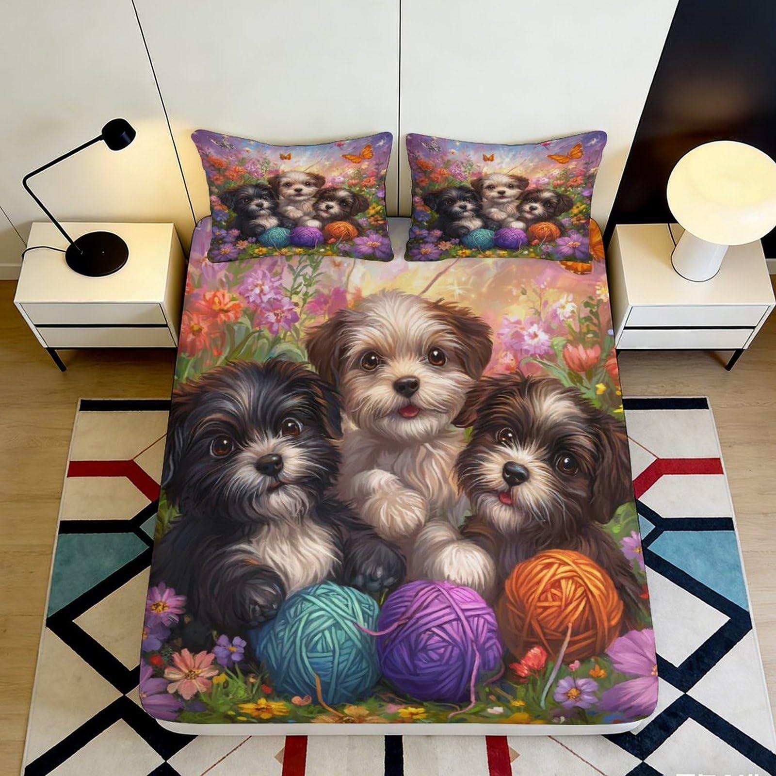 3D Printed Cute Puppy Fitted Sheet Microfiber Soft Cartoon Yarn Ball Mattress Cover for Bedroom Decor Dorm Use 90x200x25cm